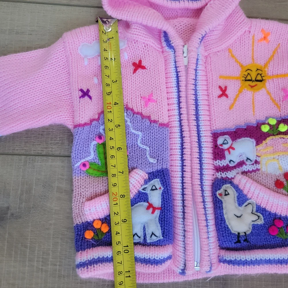 The Whisper Handicrafts Girls 100% Wool Llama Zip Hoodie Pink Size 18-24M / 2T